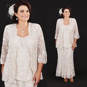 Ann Balon Vintage Lace Tea-length Madre de los vestidos de novia Modest Plus Size Three Pieces Mothers Groom Dress madre vestidos de novia