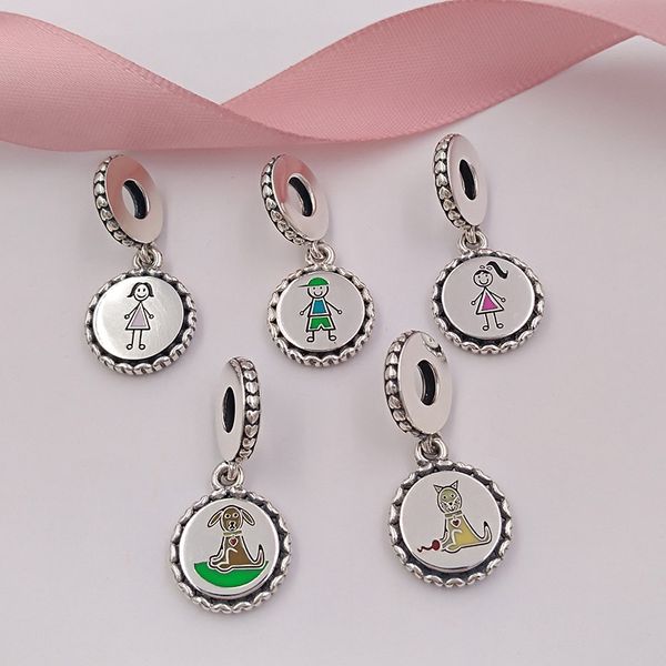 Family Collection 925 Sterling Silver Stick Figure Charms incluye Mom Boy Girl Dog and Cat Fit European Pandora Style Bracelets Necklace AnnaJewel