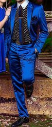 Anniebritney Fashion Royal Blue Satin Men Pak Set Prom Dinner Party Wedding Tuxedo Slim Bruidegom Suits Custom Shiny Blazer Pants