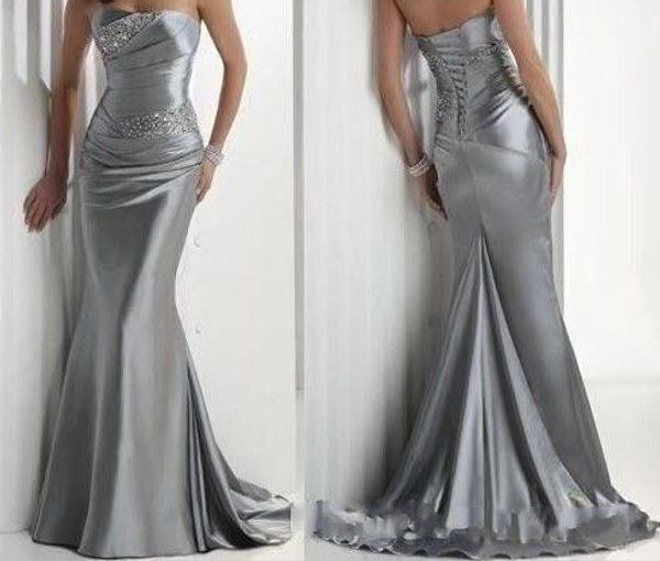 Aniversario de nuestra Tienda! En Stock Hot Sexy Strapless Beaded Silver Elástico Satén Sirena Satén Dama de honor Noche Vestidos de baile por menos de $ 100