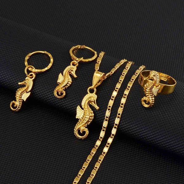 Anniyo hippocampe pendentif colliers boucles d'oreilles bague couleur or ensembles de bijoux charme animal hippocampe accessoires hawaïens # 245306