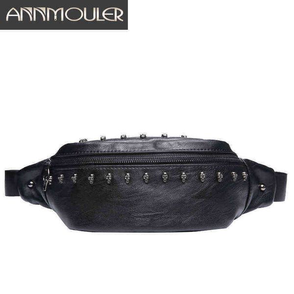 Annmouler Moda Unisex Paquete de cintura Bolsa Pu Cuero Cráneo Pecho Negro Hombro Teléfono Bolsa Grande Hombres Mujeres Fanny Bum 220531