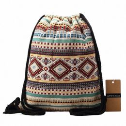 Annnmouler Vrouwen Vintage Rugzak Merk Canvas Schoudertas Bohemian Stijl String Bag Travel Organizer Cott Tribal Tas C5hY #