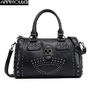 Bolso Annmouler para mujer, bolso Boston de gran capacidad, bolso de mano con calavera negra, bolso de mano de cuero Pu de lujo, bolso cruzado con remaches 240131