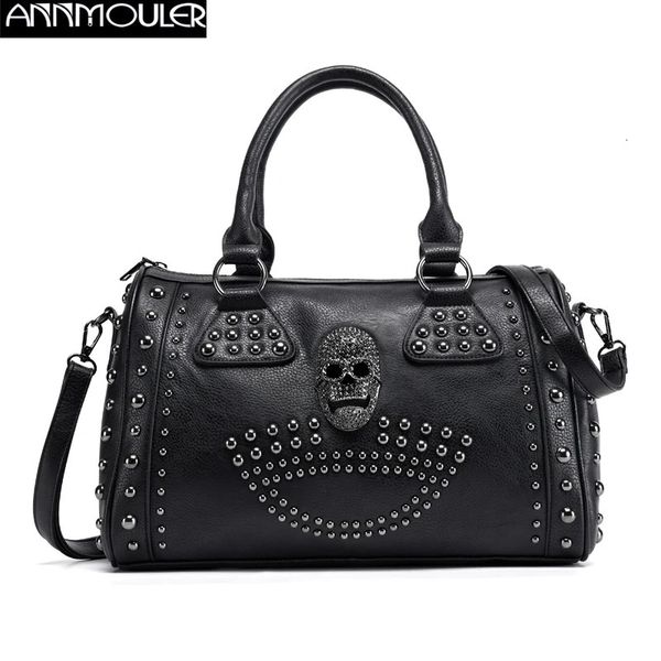 Annmouler sac femme tendance grande capacité sac Boston noir crâne sac à main de luxe en cuir Pu sac fourre-tout Rivet sac à bandoulière 240131