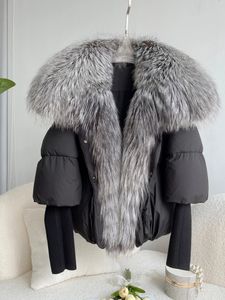 ANNSIRGRA hiver femmes manteau blanc canard doudoune Super grand réel argent col de fourrure de renard avec manches en tricot vêtements d'extérieur mode 240108