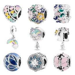 Anomokay 100% Sterling 925 Silver Mix Style Rainbow Heart Spring Series Charms Beads Fit Pandora Armband DIY Armband Gift Q0531