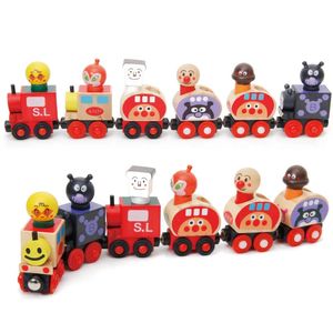 Anpanman -treinen zetten een magnetische busje voor het dragen van mensen Train kinderen houten speelgoed voertuig blokken kinderen educatieve 240110