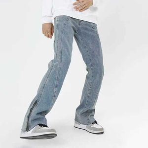 ANS 2023 Y2K Fashion Ankle Zipper lavé Blue Baggy Flare Jeans Pantalon pour hommes Vêtements Hip Hop Denim pantalon Ropa Hombre J240507