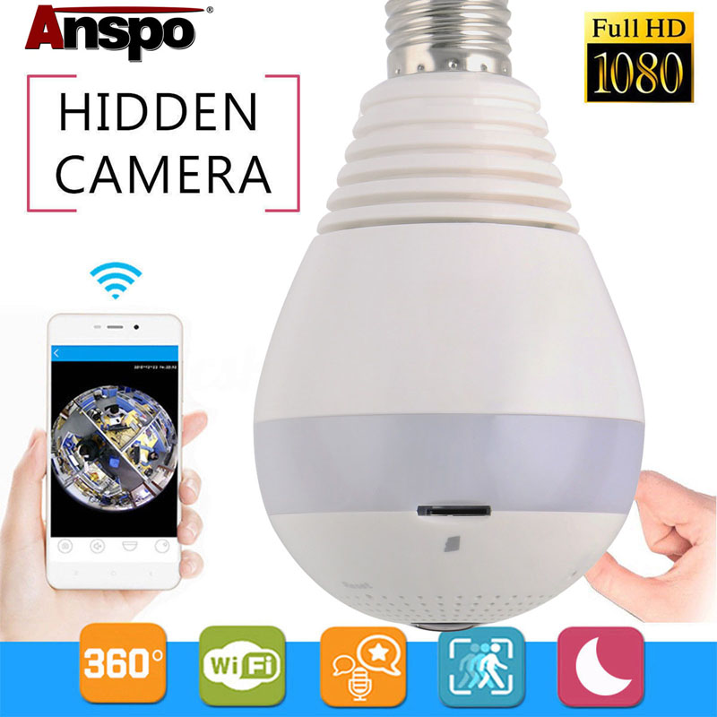 Anspo 1080P 2.0MP WiFi パノラマ LED 電球カメラ 360ﾰ ホームセキュリティカメラシステム ワイヤレス IP CCTV 3D 魚眼ベビーモニター