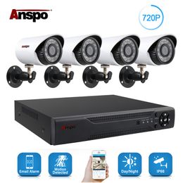 Anspo 4CH AHD DVR Kit de sistema de cámara de seguridad para el hogar Impermeable Visión nocturna al aire libre IR-Cut CCTV Vigilancia del hogar 720P Cámara blanca