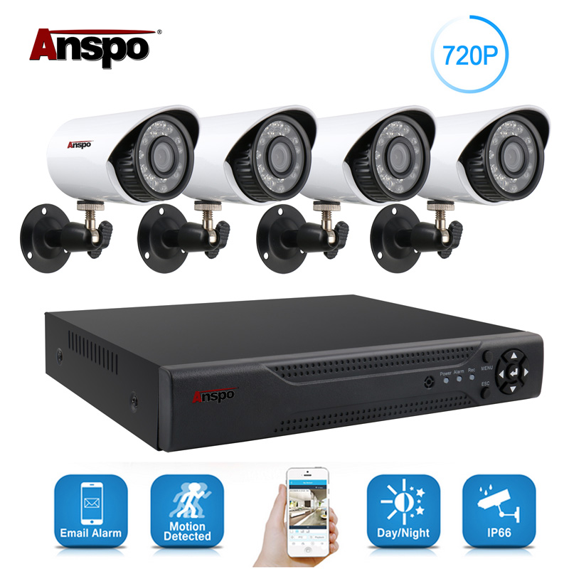 Anspo 4ch AHD DVR Hem Säkerhet Kamera System Kit Vattentät Utomhus Natt Vision IR-CUTV Hem Övervakning 720p Vit Kamera