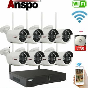 Sistema de cámara de seguridad inalámbrica Anspo 8CH Kit de cámara WiFi IR-Cut visión nocturna CCTV vigilancia del hogar NVR con disco duro de 1 TB