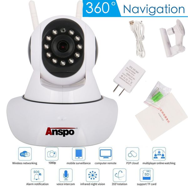 Anspo Wireless 1080P Pan Tilt Network Accueil CCTV Caméra IP Surveillance réseau IR Vision nocturne WiFi Webcam Intérieur Baby Monitor