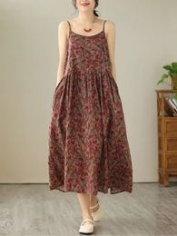 Anteef sin mangas correa de algodón floral vintage en vestidos para mujeres vestidos de verano largos casuales ropa elegante 240423