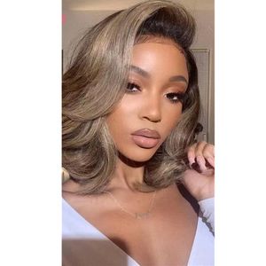 Anthony coupe court ondulé bob blond cendré Lace Front Wigs wear and go partie latérale sans colle Lace Frontal Wigs Dark Roots Colored Wig Body Wave Perruque de cheveux humains pour femme