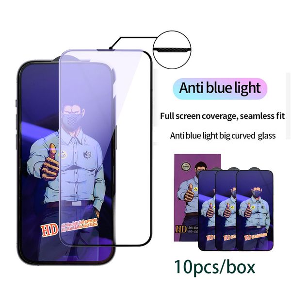 Verre trempé anti-rayons bleus pour iPhone 11 12 15 14 13 Pro Max 12 Mini XR XS Max Protecteur d'écran à couverture complète Film de protection anti-poussière 10 pièces/boîte