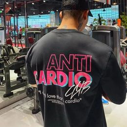 Anti cardio décontracté surdimensionné à manches courtes Cotton T-shirt gym fitness Male Training Workout Tees Top Top Fashion Vêtements 240418