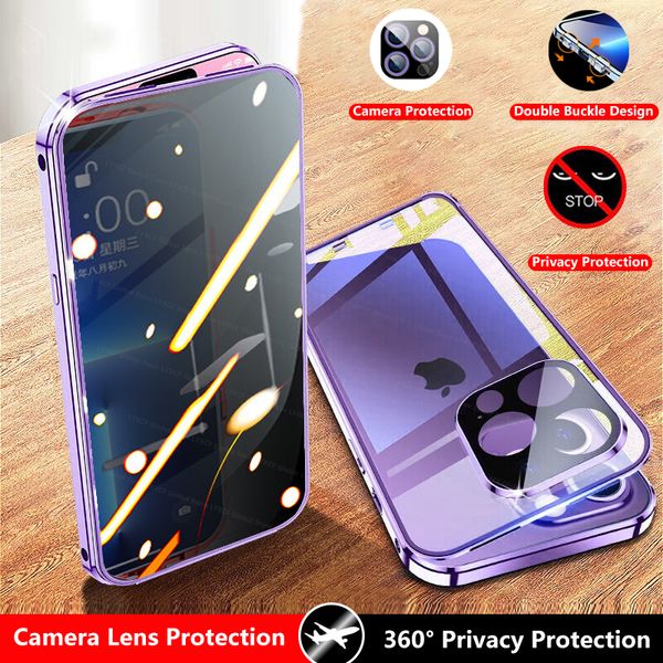 Étuis magnétiques en verre trempé anti-regard pour iPhone 15 14 11 12 13 Pro, coque de protection pare-chocs en métal de confidentialité