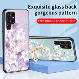 Anti-kras slanke bloem gehard glas hoesjes voor Samsung Galaxy S22 Ultra S23 S21 S20 Note 20 Note10 Mooie bloemenring Kickstand harde achterkant telefoonhoes