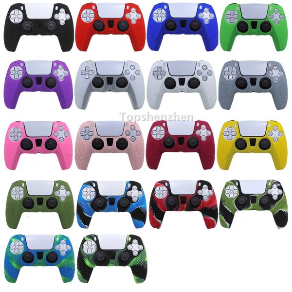 Funda de silicona antideslizante para PlayStation Dualshock 5 Controlador PS5 Impresión de camuflaje Estuche de color sólido Thumb Stick Grip Cap 19 colores