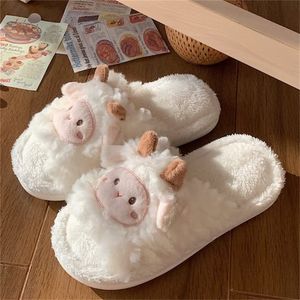 Anti slip vrouwen zachte huis wollen haarschoenen schapen fuzzy herfst winter warme schattige katoenen slippers d pers