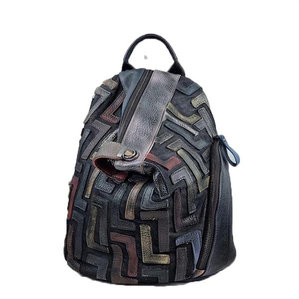 Antivol en cuir véritable Vintage sac à dos femmes rétro Chic Patchwork quotidien sac à dos femme en cuir naturel féminin Packsack340G