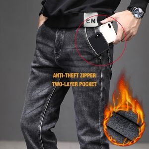 Anti-vol Zipper Design Hiver Nouveaux Hommes Chaud Jeans Style Classique Regular Fit Stretch Jean Pantalon Denim Marque Pantalon Mâle 201116