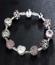 Antique 925 Silver Charm Fit Bangle Bracelet With Love and Flower Crystal Ball For Women Wedding PA14551656001