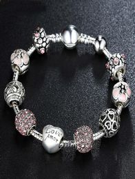 Antique 925 Silver Charm Fit Bangle Bracelet With Love and Flower Crystal Ball For Women Wedding PA14552809824
