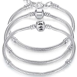 Antieke 925 sterling zilveren bedelarmbanden Europese 3mm slang chain fit pandora charms bead armband armband voor vrouwen