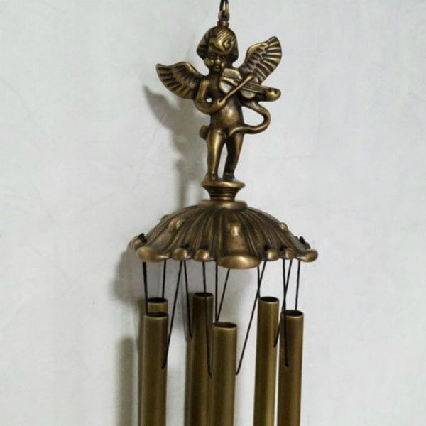 Carillons éoliens en laiton moulé d'ange antique avec 6 tuyaux suspendus carillons éoliens en cuivre en métal jardin patio porche maison boutique magasin décor Bronze 266j