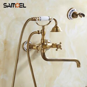 Ensemble de robinets de bain-douche en laiton Antique, robinet mitigeur de baignoire à double poignée et bec Long avec ensembles de salle de bains portables SF1058