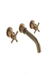 Antique Brass Bathroom Faucet Cross Handles Vintage In wall Basin Faucet Old Style Basin Set Mixer Tap1904325