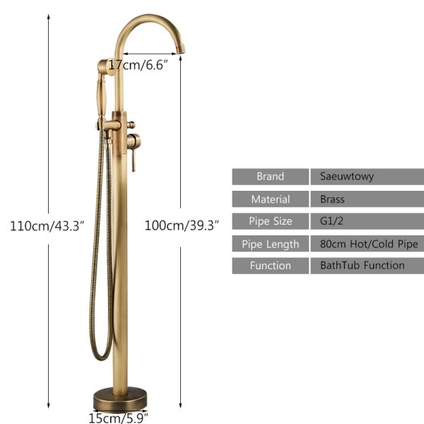 Grifo de ducha de ducha de ducha de latón antiguo bañera de ducha de pie de piso de un solo mango de agua de agua caliente grifo de ducha de baño