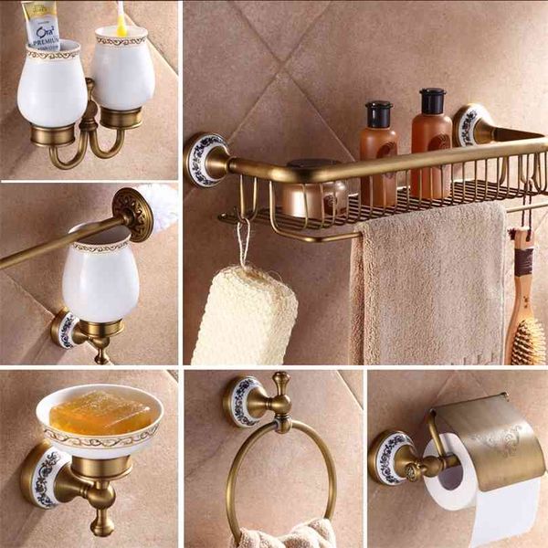 Antique Laiton Luxe Salle de bains Accessoire Porte-papier Porte-brosse de toilette Rack Panier de produits Étagère Savon Plat Serviette Anneau 210720