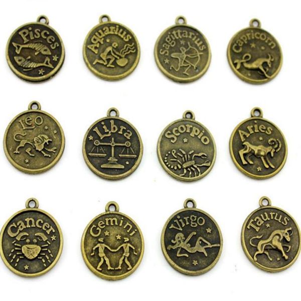 Pendentif en Bronze Antique 12 constellations en métal, signe du zodiaque, lionbélier, taureau, gémeaux, cancer, vierge, poissons, breloques pour femmes, bijoux 4979619