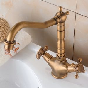 Grifos de lavabo de baño de bronce antiguos manipuladores de doble orificio de un solo orificio caliente mezcladora de agua fría grúa grifo elf678