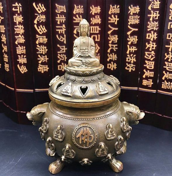 Antique bronze artisanat en gros laiton antique mille bouddha brûleur d'encens maison entreprise décoration ornements cuivre parfumé
