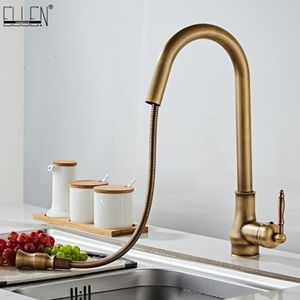 Antique Bronze Kitchen Faucets Pull Out Hot Cold Sink Swivel 360 Degree Water Faucet Water Mixer Pull Down Mixer Taps ELM902AB T200423