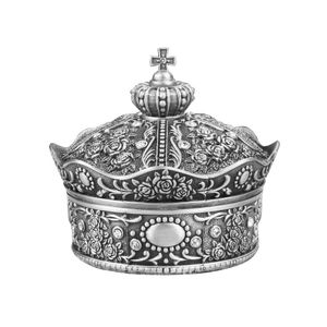 Caja de almacenamiento de joyería de Metal con forma de corona tallada antigua, caja de baratija de princesa de aleación, ataúd de favores de boda