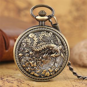 Antieke klassieke holle case Phoenix Design Pocket Watch Automatische mechanische horloges voor mannen vrouwen hanger keten Roman Number Dial Gift