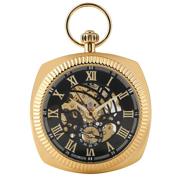 Reloj de bolsillo antiguo clásico de plata / negro / oro amarillo Número romano Dial Caja cuadrada Hombres Mujeres Cuerda manual Reloj mecánico Pendat Chain