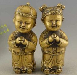 Antique de Cuivre en Laiton Golden Boy et Jade Fille Féliciter Figurine Paire