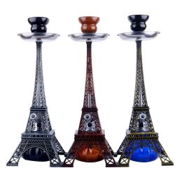 Cachimba antigua con forma de Torre Eiffel con doble tubo, juego completo de hervidor de cigarrillos, pipa de agua para fumar árabe, shisha, torres plateadas, rojas y marrones LL