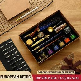 Kit de stylos à plume antiques, ensemble de stylos à tremper rétro en bois, Kit de tampons de sceau de cire classique pour calligraphie, mots d'art, cadeaux 240123