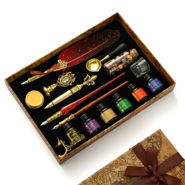 Kit de stylo à plume de plume antique rétro en bois en bois jeu de stylo kit de tampon classique de sceau de cire pour calligraphie des mots d'art cadeaux