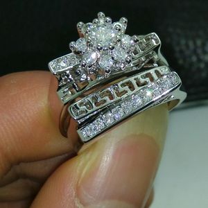 Antieke Bloem Stijl Dames Ring Set Dionique CZ Witgoud Gevulde Engagement Wedding Band Ring voor Dames Mannen Maat 5-10