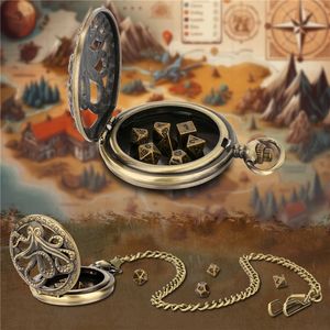 Antieke gaming 7-delige polyhedrale metalen dobbelstenen set met zakhorloge FOB-ketting