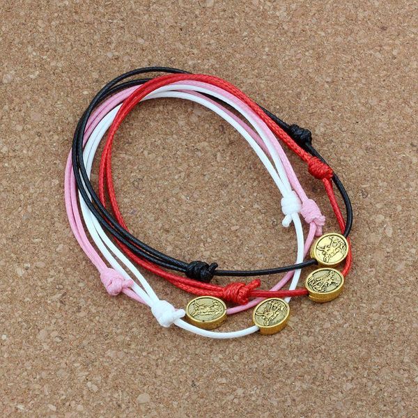 Pulsera de tejido de tono dorado antiguo ovalada plana patrón católico cuentas de metal cordón ajustable muñeca cuerda de cera diy 4 colores 120 piezas lotes